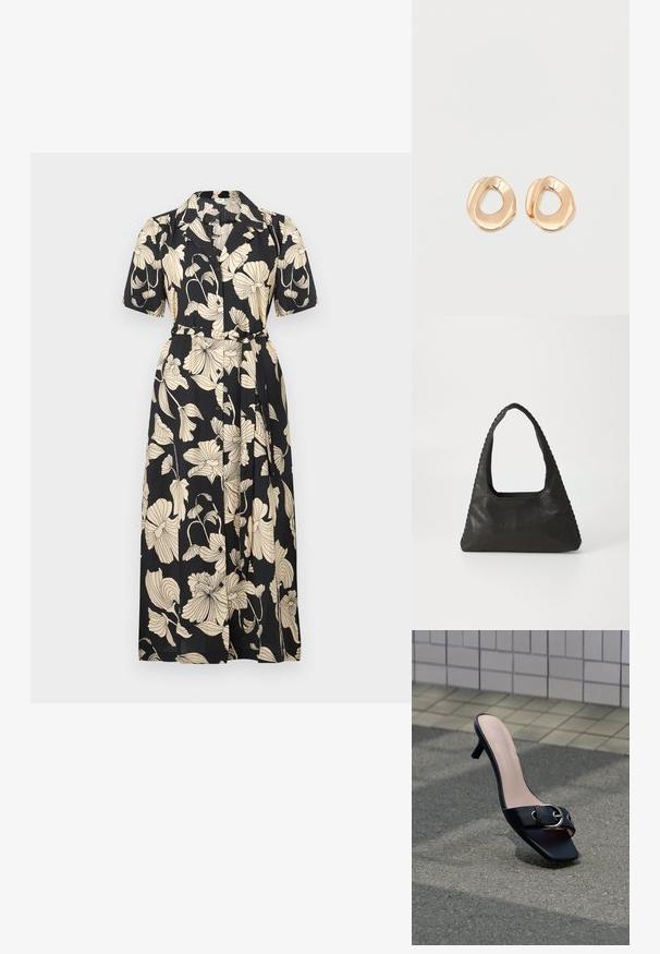 Vestido negro de flores con mangas cortas, cuello, cintura ceñida con cinturón y cierre delantero con botones. Presenta grandes patrones florales en color beige por toda la prenda.; Sandalia mule negra con tacón, punta cuadrada, hebilla plateada en la correa, colocada sobre asfalto cerca de una pared con azulejos.; Bolso de cuero negro con forma triangular, un gran asa recortada y costuras detalladas a lo largo de los bordes. Textura suave.; Par de pendientes de aro de metal en tono dorado pulido, de forma irregular y con centro abierto, sobre un fondo blanco liso.