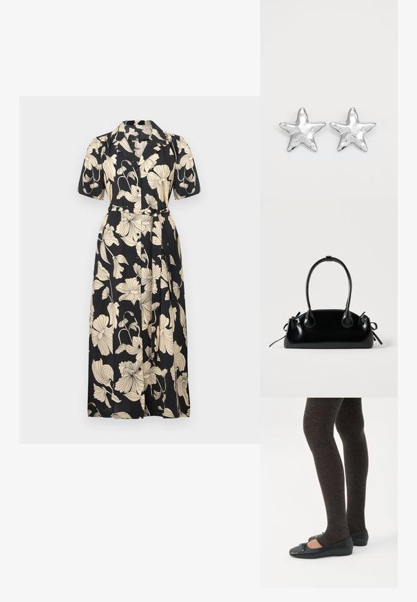 Vestido negro de flores con mangas cortas, cuello, cintura ceñida con cinturón y cierre delantero con botones. Presenta grandes patrones florales en color beige por toda la prenda.; Piernas con leggings oscuros acanalados combinados con bailarinas negras que presentan pequeños detalles de lazo sobre un fondo blanco.; Pequeño bolso negro brillante con dos asas largas y detalles de cordón lateral sobre un fondo claro liso.; Pendientes en forma de estrella plateada con una superficie pulida y brillante. Cada pendiente presenta cinco puntas y sutiles detalles de textura en la superficie.