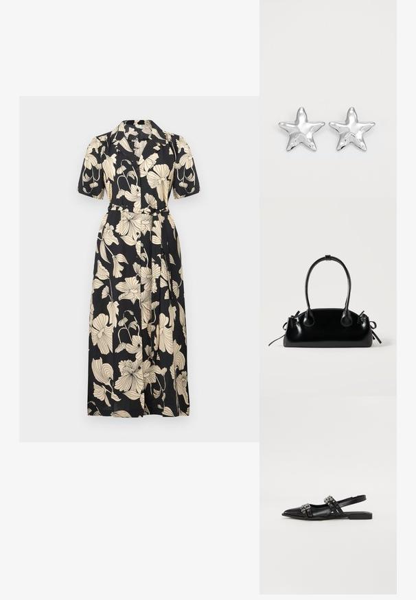 Zwarte bloemenjurk met korte mouwen, kraag, ceintuur op de taille en een knoopsluiting aan de voorkant. Voorzien van grote beige bloemmotieven verspreid over de stof.; Even&Odd by Zalando Slingback ballerina´s - black; Kleine zwarte glanzende handtas met twee lange hengsels en zijkant trekkoord details op een effen lichte achtergrond.; Zilveren stervormige oorbellen met een gepolijste, glanzende afwerking. Elke oorbel heeft vijf punten en subtiele textuurdetails op het oppervlak.