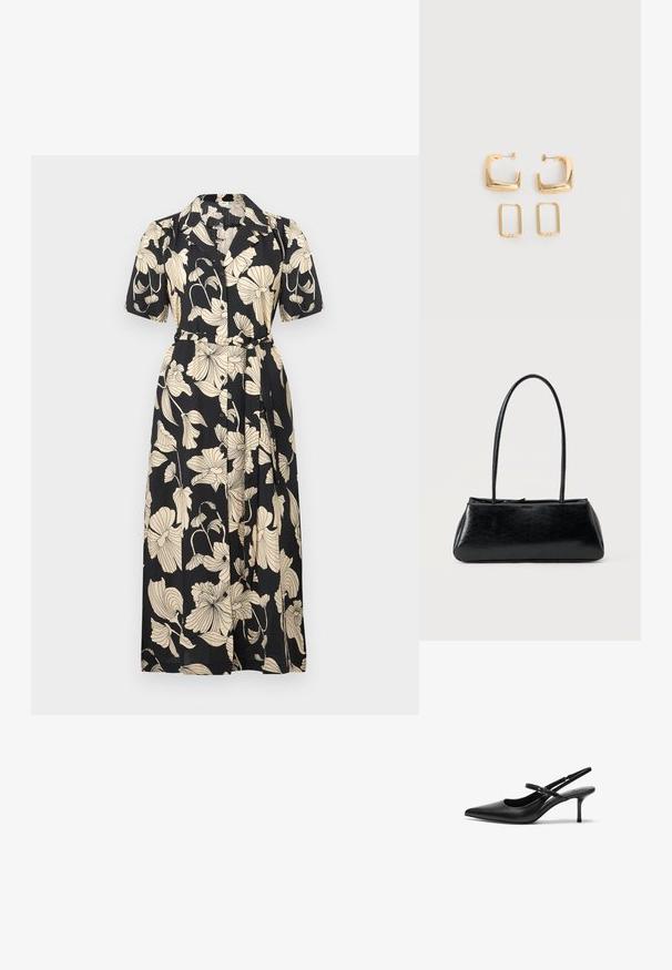 Vestido negro de flores con mangas cortas, cuello, cintura ceñida con cinturón y cierre delantero con botones. Presenta grandes patrones florales en color beige por toda la prenda.; Zapatos de tacón slingback de cuero negro con punta afilada, correa ajustable delgada y un tacón de aguja de aproximadamente 5 cm, textura suave.; Bolso de hombro rectangular negro con correas largas y delgadas y una textura lisa y brillante sobre un fondo liso.; Dos pares de pendientes de aro geométricos en tono dorado sobre una superficie blanca lisa, un par cuadrados y sólidos, un par rectangulares y huecos.