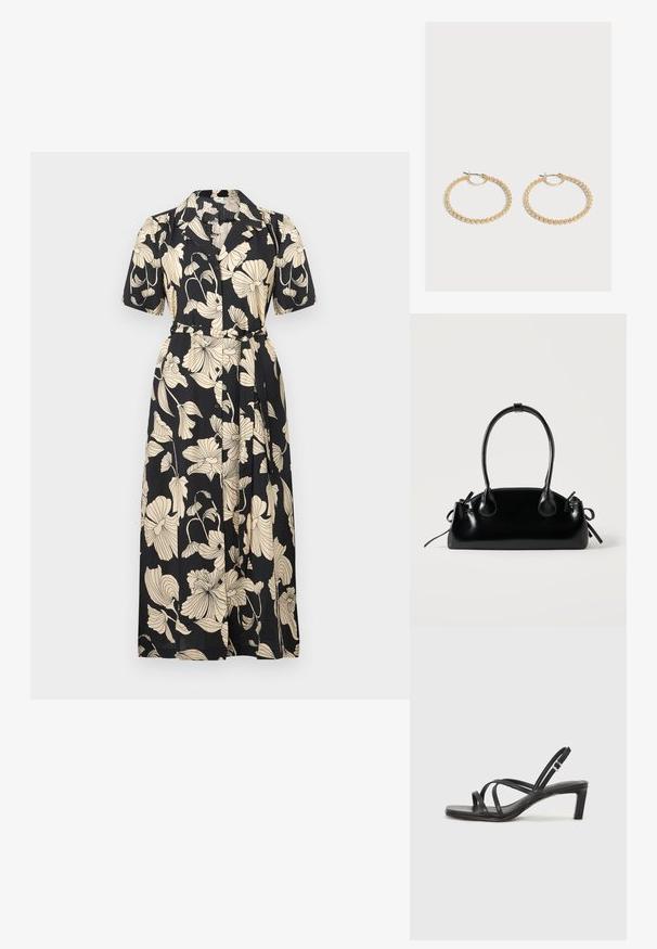 Vestido negro de flores con mangas cortas, cuello, cintura ceñida con cinturón y cierre delantero con botones. Presenta grandes patrones florales en color beige por toda la prenda.; Sandalia negra de tiras con punta cuadrada y tacón bajo de bloque. Presenta múltiples tiras delgadas y una correa ajustable en el tobillo. Fabricada en cuero suave.; Pequeño bolso negro brillante con dos asas largas y detalles de cordón lateral sobre un fondo claro liso.; Par de pendientes de aro dorados de tamaño mediano con un diseño texturizado y con cuentas sobre un fondo claro y liso.