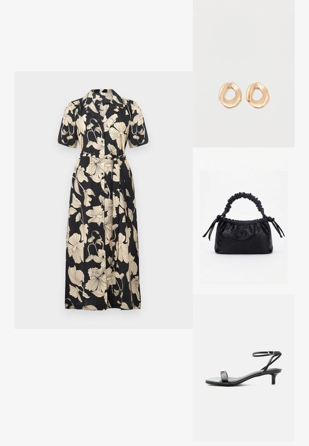 Sort blomstret kjole med korte ærmer, krave, beltet talje og knaplukning foran. Har store beige blomster mønstre over det hele.; Sort læder sandal med åben tå, lav lillehæl, tynd ankelrem med guldlås og dekorativt gyldent accent på frontremmen.; Sort taske med krokodilletekstur, rynket øverste kant, samlet hank og snore med kvaster på hver side mod en hvid baggrund.; Par af uregelmæssigt formede, polerede øreringe i guldfarvet metal med åben midte på en ens hvid baggrund.
