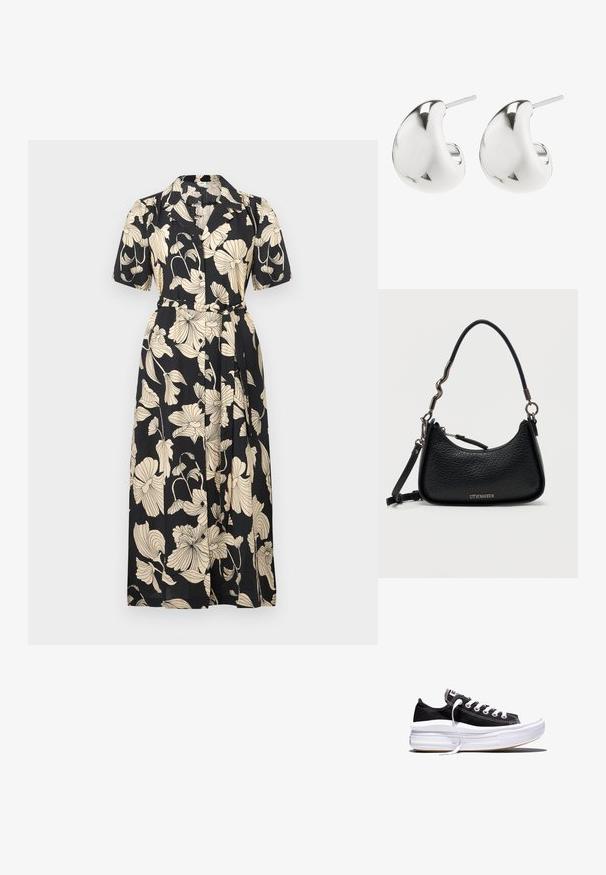 Zwarte bloemenjurk met korte mouwen, kraag, ceintuur op de taille en een knoopsluiting aan de voorkant. Voorzien van grote beige bloemmotieven verspreid over de stof.; Zwarte lage canvas sneaker met witte veters en dikke, meerlagige witte rubberen zool tegen een witte achtergrond.; Zwarte leren handtas van Steve Madden met een textuur, een gebogen bovenrits, een korte onregelmatige metalen en leren handgreep, en een afneembare riem.; Zilveren oorbellen met een soepel, gebogen ontwerp. Ze hebben een gepolijste afwerking en een stekkerbevestiging voor veilige draag.