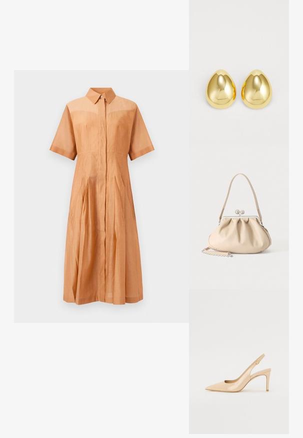 Lichtbruine midi-jurk met korte mouwen, kraag, verborgen knopen aan de voorkant, getailleerde taille en geplooide rok.; Nude gepatineerd leren slingbackhak met een spitse neus, open vamp en een dunne stilettohak. Bevat een ronde gouden accent op de band.; Beige zachte leren handtas met een zilveren metalen frame sluiting, een enkele schouderriem en een optionele kettingriem op een witte achtergrond.; Gouden studoorbellen met een gladde, gepolijste afwerking en een druppelvorm, die licht reflecteren voor een glanzende uitstraling.