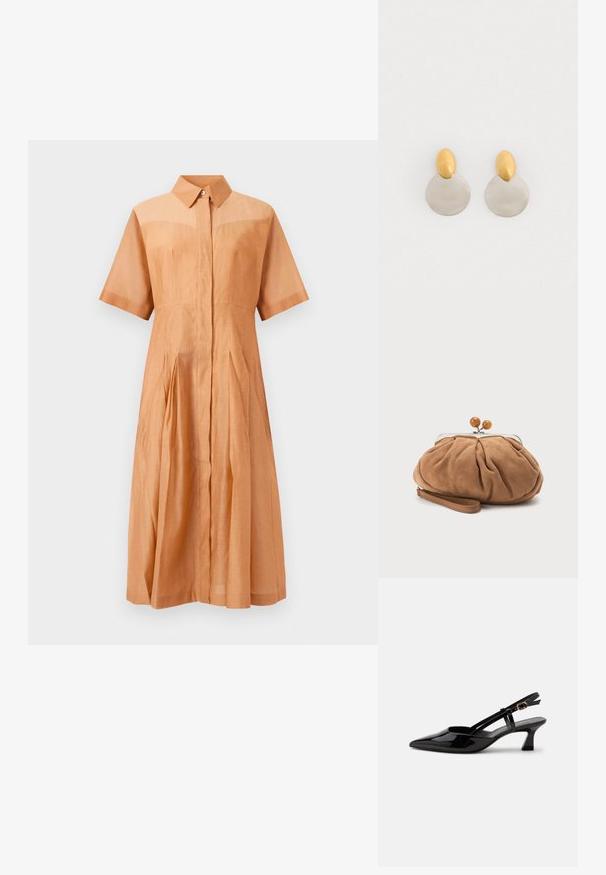 Lichtbruine midi-jurk met korte mouwen, kraag, verborgen knopen aan de voorkant, getailleerde taille en geplooide rok.; Zwarte lakleren slingback kitten heel schoen met spitse neus en verstelbare gouden gespsluiting op een witte achtergrond.; Kleine zachte bruine suède clutch met geplooide stof, metalen sluiting, houten kraalaccenten en polsriem op een witte achtergrond.; Gouden en zilveren metalen oorbellen met een ronde schijfbasis en een ovale bovenstuk, gladde textuur en gepolijste afwerking.
