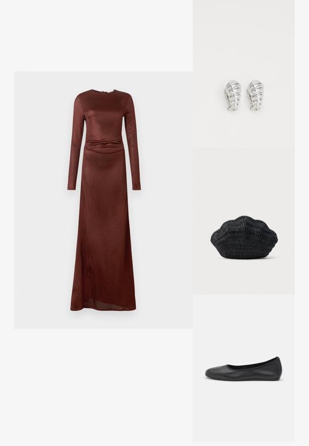 Langärmliges, bodenlanges Kleid in Dunkelbraun, mit glatter Textur und Raffung an der Taille, rundem Ausschnitt und Rückenschluss.; Schwarze Leder-Ballettschuhe mit abgerundeter Spitze, glatter Textur, minimalen Nähdetails und einem flexiblen Sohlen-Design.; Schwarze Korbtasche in Muschelform mit gebogenem Oberteil und gewebter Textur auf einfarbigem Hintergrund.; Silberne Clip-On-Ohringe mit spiralförmigem Design, das eine glatte metallische Textur und abgerundete Formen aufweist. Keine sichtbaren Verzierungen oder Muster.