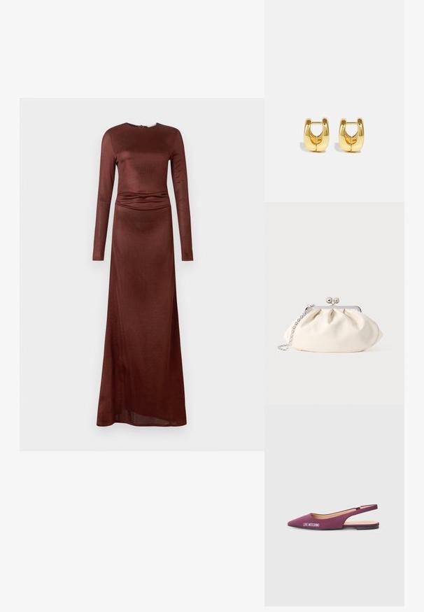 Langærmet gulvlang kjole i mørkebrunt, med en glat tekstur og sammensnøring ved taljen, rund halsudskæring og lukning bagpå.; Bordeaux slingback flade sko med spids tå, blødt stof og "LOVE MOSCHINO" branding på siden. Flad sål og åben hældesign.; Cremefarvet stofclutch med et rynket design, sølv metalramme, to dekorative kugler og en sølvkæde som rem.; Guld hoops øreringe med et slankt, afrundet design. Har en hul midte og en blank overflade, der komplementerer moderne stilarter.