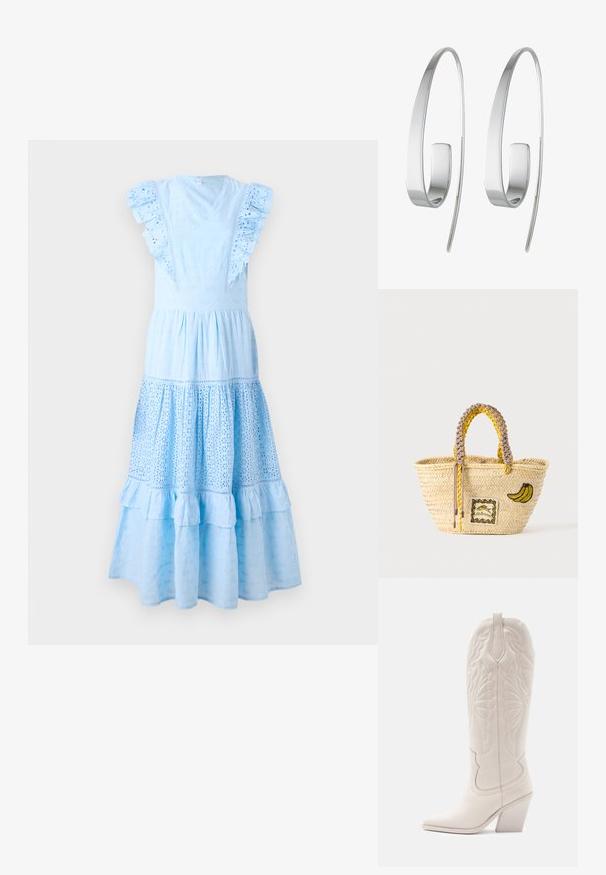 Vestido de algodón azul claro con mangas con volantes, escote en V y patrones bordados. Falda de capas con detalle de volantito en el dobladillo.; Bota vaquera de cuero blanco con punta afilada y tacón bloqueado. Presenta patrones de costura intrincados en el caña y una textura suave.; Bolso tote de paja tejido con asas trenzadas amarillas y beige, decorado con un parche de plátano y un pequeño diseño de pez enmarcado en la parte delantera.; Pendientes de aro de plata con un diseño elegante y alargado. Elaborados en metal pulido, presentan una textura suave y un estilo minimalista.