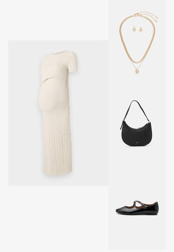 Vestido de maternidad en beige claro con una textura acanalada. Presenta un top corto y una falda ajustada, diseñada para acomodar una barriga en crecimiento.; Zapato plano Mary Jane de charol negro con dos recortes y una correa con hebilla dorada sobre fondo blanco.; Bolso de mano de cuero negro con forma curva, superficie texturizada, costuras frontales y un logo en tono dorado. Cuenta con una sola correa ajustable.; Conjunto de joyería de oro que incluye un collar de capas con un colgante en forma de gota y pendientes de botón a juego, todo con un acabado pulido.