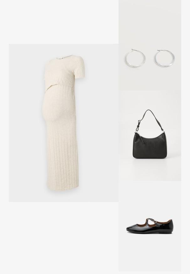 Vestido de maternidad en beige claro con una textura acanalada. Presenta un top corto y una falda ajustada, diseñada para acomodar una barriga en crecimiento.; Zapato plano Mary Jane de charol negro con dos recortes y una correa con hebilla dorada sobre fondo blanco.; Bolso de mano de cuero negro con forma curvada, una sola correa, cierre de cremallera y marcas sutiles en la parte frontal. Textura suave, diseño minimalista.; Pendientes de aro de metal plateado con superficie lisa y ligeramente curvada y cierre de tipo mosquetón sobre un fondo blanco liso.
