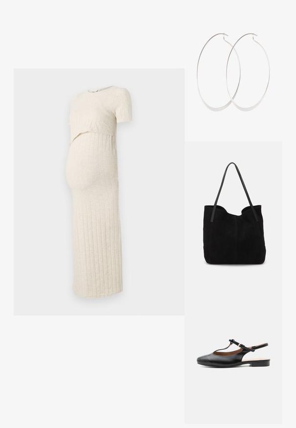 Schwangerschaftskleid in hellbeige mit gerippter Textur. Es hat einen kurzen Oberteil und einen engen Rock, der für einen wachsenden Babybauch konzipiert ist.; Schwarzer flacher Lederslingback-Schuh mit T-Riemen und goldener Schnalle auf neutralem Hintergrund.; Schwarze Wildleder-Umhängetasche mit zwei langen, flachen Ledergriffen. Sie verfügt über eine gewölbte obere Kante und sichtbare Nähte auf der Vorderseite. Keine Hardware-Details.; Silberne Creolen mit einem dünnen, glatten Design; länglich-ovale Form; polierte Oberfläche; ausgestattet mit einem sicheren Hakenverschluss.