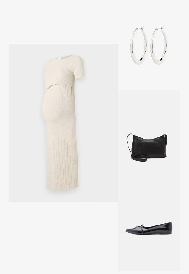 Schwangerschaftskleid in hellbeige mit gerippter Textur. Es hat einen kurzen Oberteil und einen engen Rock, der für einen wachsenden Babybauch konzipiert ist.; Schwarzer Ballerina aus Lackleder mit spitzer Kappe, dekorativem Riemen und glatter Textur. Minimalistisches Design ohne sichtbare Akzente.; Schwarze Ledertasche für die Schulter mit glatter Textur, geschwungener Form, verstellbarem Tragegurt und Reißverschluss. Minimalistisches Design ohne Verzierungen.; Silberne Creolen mit einer glatten, glänzenden Oberfläche. Kreisform, ausgestattet mit einem sicheren Verschluss. Einfaches und elegantes Design.