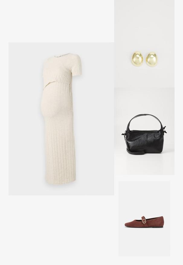 Schwangerschaftskleid in hellbeige mit gerippter Textur. Es hat einen kurzen Oberteil und einen engen Rock, der für einen wachsenden Babybauch konzipiert ist.; Brauner Wildleder-Mary-Jane-Flachschuh mit goldener Schnallenriemen und schwarzer Sohle vor weißem Hintergrund.; Schwarze Lederhandtasche mit strukturiertem Design, rundem Haltegriff und abnehmbarem Schulterriemen. Sie weist eine glatte Oberfläche und einen subtilen Glanz auf.; Goldfarbene Metallstanzohrringe mit einer glatten, abgerundeten Form und polierter Oberfläche. Einfaches Design ohne zusätzliche Verzierungen.