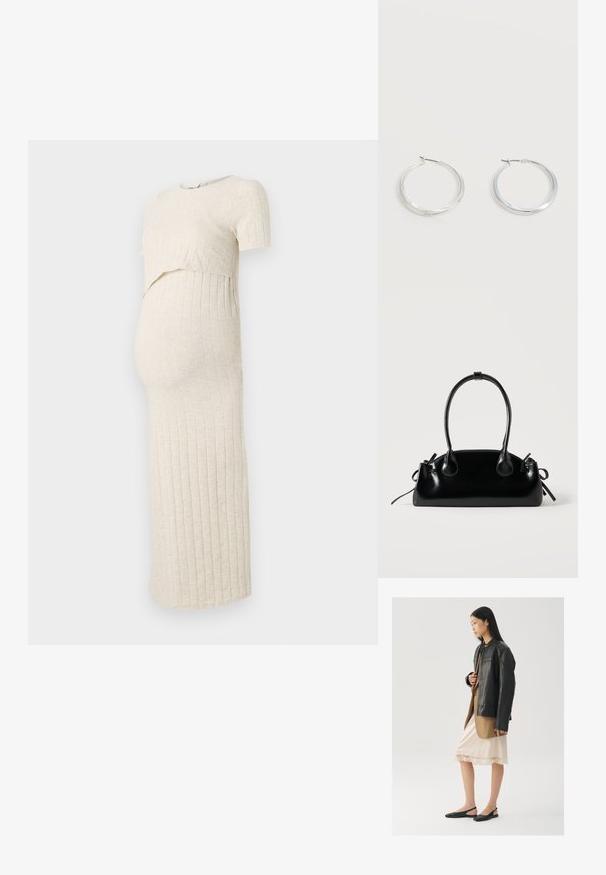 Schwangerschaftskleid in hellbeige mit gerippter Textur. Es hat einen kurzen Oberteil und einen engen Rock, der für einen wachsenden Babybauch konzipiert ist.; Schwarze Lederjacke über einem braunen Oberteil, kombiniert mit einem hellen cremefarbenen Slip-Kleid mit Spitzenbesatz und schwarzen Slingback-Schuhen.; Kleine schwarze glänzende Handtasche mit zwei langen Griffen und seitlichen Kordelzug-Details vor einfachem hellem Hintergrund.; Silberne Metallcreolen mit glatter, leicht gebogener Oberfläche und Klappverschluss vor schlicht weißem Hintergrund.