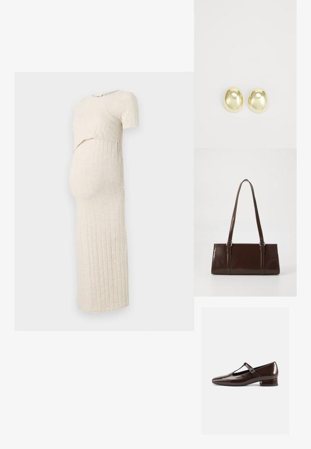 Schwangerschaftskleid in hellbeige mit gerippter Textur. Es hat einen kurzen Oberteil und einen engen Rock, der für einen wachsenden Babybauch konzipiert ist.; Braune Mary-Jane-Schuhe aus Lackleder mit abgerundetem Zehenbereich, Cut-out-Design und verstellbarem Riemen. Niedriger Blockabsatz.; Braune Lackleder-Handtasche in rechteckiger Form, mit zwei langen Griffen und subtilen, geschwungenen Akzenten auf der Vorderseite.; Goldfarbene Metallstanzohrringe mit einer glatten, abgerundeten Form und polierter Oberfläche. Einfaches Design ohne zusätzliche Verzierungen.