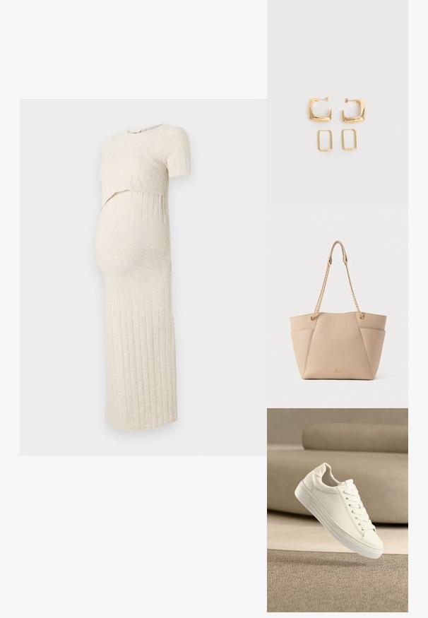Schwangerschaftskleid in hellbeige mit gerippter Textur. Es hat einen kurzen Oberteil und einen engen Rock, der für einen wachsenden Babybauch konzipiert ist.; Weißer Sneaker aus Leder mit Schnürsenkeln, der über einem strukturierten beigen Teppich schwebt, mit einem beigen Sofa im verschwommenen Hintergrund.; Beige Leder-Shopper mit strukturierter Form, ausgestattet mit goldfarbenen Kettenriemen und dezenten Seitentaschen; eingeprägtes Markenlogo an der Basis.; Zwei Paare goldfarbener geometrischer Creolen auf einer schlichten weißen Oberfläche, ein Paar quadratisch und massiv, ein Paar rechteckig und hohl.