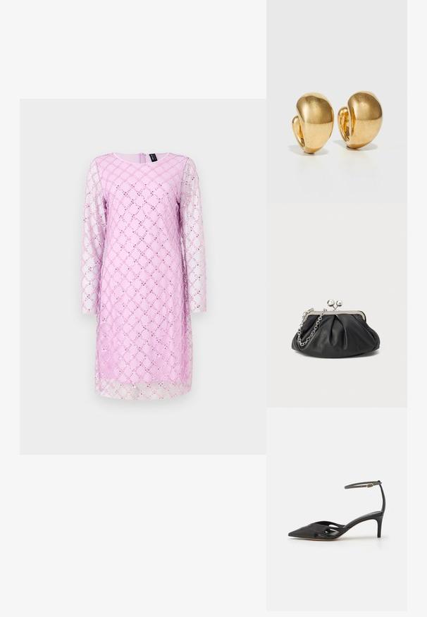 Langærmet kjole i lys pink med et diamantmønster, der har perler og et gennemsigtigt overlay. Rund halsudskæring og lynlås i ryggen.; Sort læder højhælet sko med spids tå, åbne sider og en tynd ankelrem med en lille guld detalje.; Sort læder clutch med samlet tekstur, sølvfarvet metalramme, kys-lås lukning og kædestrop. Glat, blød overflade.; Guldtonsøreringe med et glat, afrundet design og poleret finish. Har en clip-on stil for nem påføring.