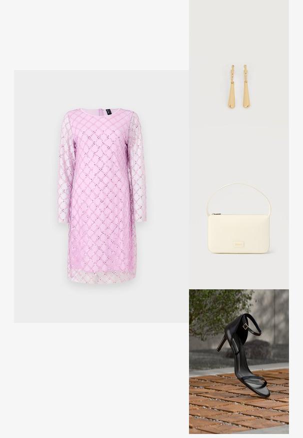 Langærmet kjole i lys pink med et diamantmønster, der har perler og et gennemsigtigt overlay. Rund halsudskæring og lynlås i ryggen.; Sort højhælet sandal med ankelsnor, der ser ud til at svæve over et trægulv udendørs med sløret grønt og sten i baggrunden.; Kremfarvet rektangulær håndtaske med en enkelt rem og lynlås øverst, med en lille præget logo-plakette foran.; Øreringe i guldfarvet metal med glatte, aflangt dråbeformede vedhæng, der hænger fra små creol-låse på en hvid baggrund.