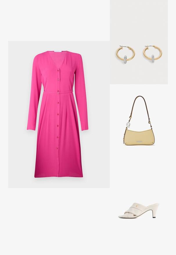 Langharige, roze jurk van een gladde stof. V-halslijn met een knopenrij aan de voorkant en een bijpassende stoffen riem in de taille.; Beige hoge hakken mules met een gedraaide lederen band, open teen en een reliëf logo-accent. De hak heeft een zwarte puntdetail.; Kleine beige schoudertas met dunne bruine riem, zilveren logoplaatje en decoratieve zilveren bedel bevestigd aan de riemlus.; Paar goudkleurige creolen met kleine zilverkleurige lusdetail op elk, weergegeven tegen een lichtgrijze achtergrond.