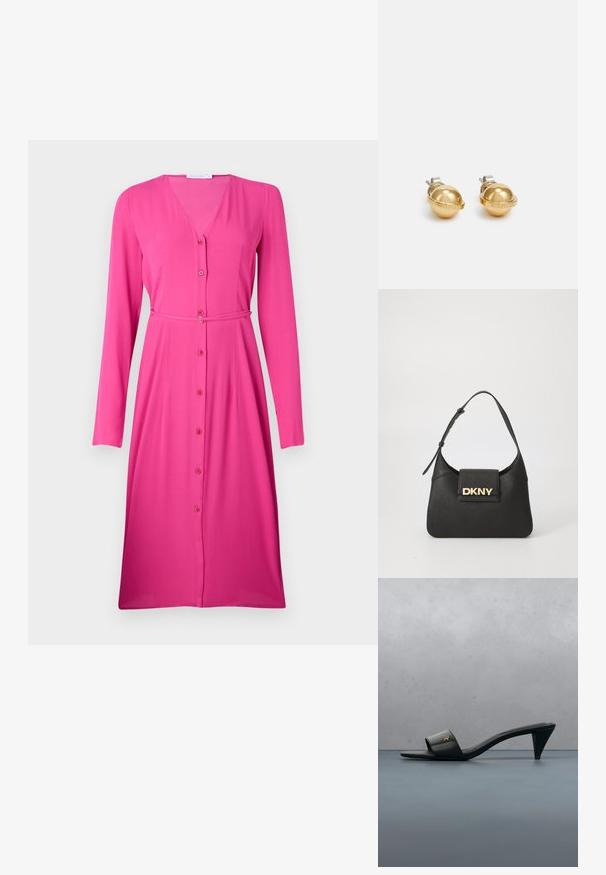 Langharige, roze jurk van een gladde stof. V-halslijn met een knopenrij aan de voorkant en een bijpassende stoffen riem in de taille.; Zwarte leren open-teen sandaal met hak en een gouden logo op het bandje, zwevend boven een betegeld buitenoppervlak met groen op de achtergrond.; Zwarte lederen schoudertas met een gestructureerde vorm, voorzien van een gouden "DKNY" logo op de voorkant en een korte, verstelbare schouderriem.; Gouden metalen studoorbellen met een domevorm, voorzien van een zilverkleurige clip achter en een reliëf merknaam detail. Gladde, glanzende oppervlakte.
