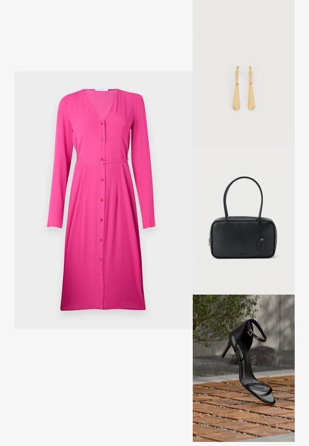 Vestido de manga larga en color rosa, hecho de un tejido suave. Escote en forma de V con cierre de botones en el front y un cinturón a juego en la cintura.; Sandalia negra de tacón alto con correa en el tobillo, parece suspendida sobre un suelo de baldosas de madera al aire libre, con un fondo difuminado de vegetación y piedra.; Bolso rectangular negro con asas dobles redondeadas, cremallera dorada y logo "HUGO" en relieve en el frente con etiqueta de cuero adjunta.; Pendientes colgantes en tono dorado con colgantes alargados y suaves en forma de lágrima, colgando de cierres de aros pequeños sobre un fondo blanco.