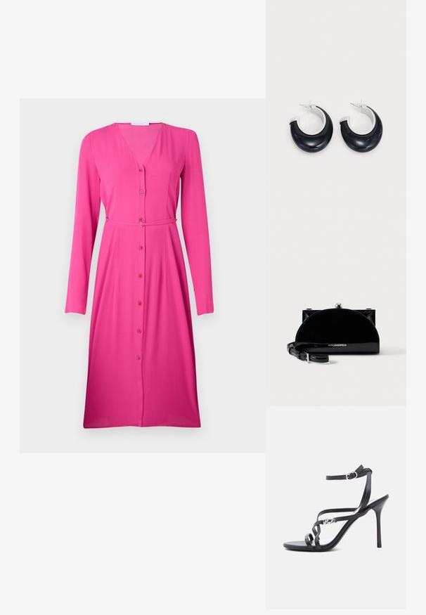 Langharige, roze jurk van een gladde stof. V-halslijn met een knopenrij aan de voorkant en een bijpassende stoffen riem in de taille.; Zwarte high-heeled sandaal met dunne bandjes, enkelgesp en een metalen logodetail aan het zijbandje, afgebeeld tegen een witte achtergrond.; Zwarte glanzende halfmaanvormige clutch met zilverkleurige frame-sluiting en verstelbare band, gebrandmerkt met het Karl Lagerfeld-logo aan de voorkant.; Zwarte hars oorbellen in de vorm van een ring met een glanzende afwerking en accenten van zilverkleurig metaal. Cirkelvormig met een uitsparing en een sluiting met post.