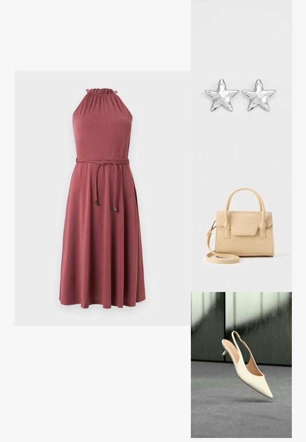 Robe midi sans manches couleur rose poudré avec encolure froncée et ceinture tressée nouée à la taille.; Chaussure femme beige à bout pointu avec bride arrière et petit talon kitten, flottant au-dessus d'un sol gris sur fond sombre flou.; Sac à main en cuir beige à la silhouette structurée, doté d'une poignée supérieure, d'une bandoulière amovible et de détails cousus.; Boucles d'oreilles argentées en forme d'étoile, avec une surface lisse et brillante. Chaque boucle d'oreille possède cinq pointes et des détails subtils de texture de surface.