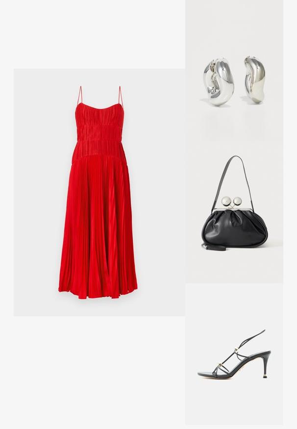 Robe plissée rouge avec un corsage ajusté et des bretelles spaghetti, dotée d'une jupe fluide qui arrive à mi-mollet. Texture lisse.; Sandale à talons hauts noire à fines lanières avec des accents de perles dorées sur un talon aigu à bout pointu.; Sac à main en cuir noir avec un design plissé, une sangle unique, un cadre métallique argenté et deux grandes fermoirs ronds en argent.; Boucles d'oreilles sculpturales en argent avec des formes douces et courbes et des surfaces réfléchissantes. Présentent un design de boucle fermée et une forme organique distincte.