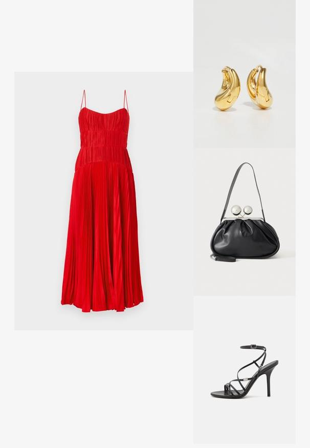 Robe plissée rouge avec un corsage ajusté et des bretelles spaghetti, dotée d'une jupe fluide qui arrive à mi-mollet. Texture lisse.; Sandale noire à talons hauts avec des brides fines, une boucle à la cheville, une surface en cuir lisse et un talon aiguille élancé.; Sac à main en cuir noir avec un design plissé, une sangle unique, un cadre métallique argenté et deux grandes fermoirs ronds en argent.; Boucles d'oreilles en or en forme de d'anneaux lisses et courbés avec une finition polie. Équipées d'un mécanisme de fermeture et de légères indentations pour le détail.