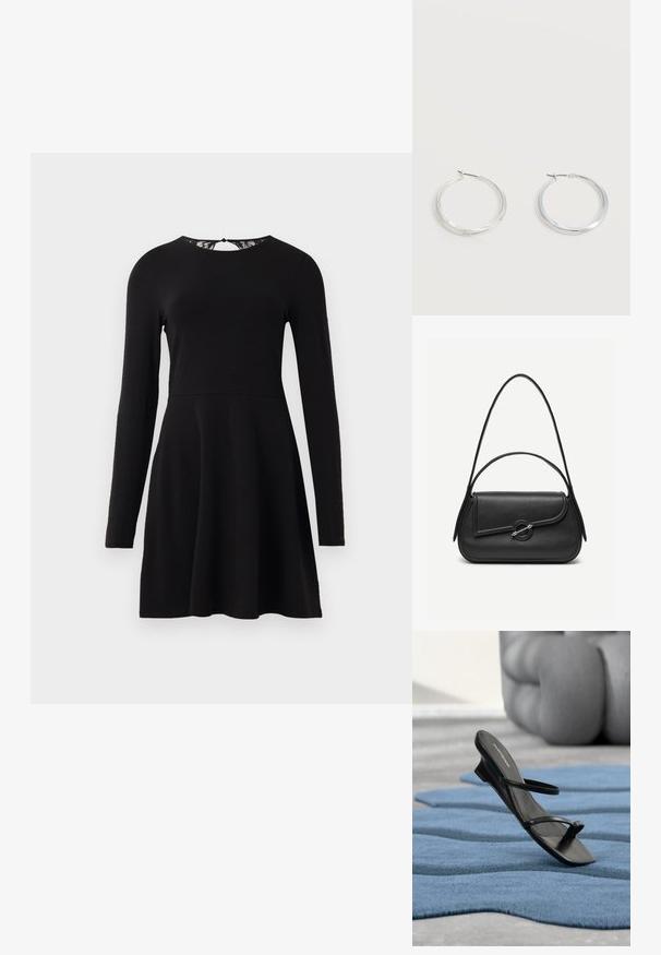 Schwarzes langärmliges Kleid mit weitem Rock und eng anliegendem Oberteil, mit einer Spitzenverzierung am Rückenausschnitt. Glatte Stoffoberfläche.; Schwarze Riemchensandale mit Zehenring, auf einem blau strukturierten Teppich präsentiert, mit einem großen grauen Dekorationsobjekt unscharf im Hintergrund.; Schwarze Lederhandtasche mit abgerundeten Kanten, asymmetrischem Überschlag, metallfarbenem runden Verschluss und kurzen sowie langen Schulterriemen.; Silberne Metallcreolen mit glatter, leicht gebogener Oberfläche und Klappverschluss vor schlicht weißem Hintergrund.