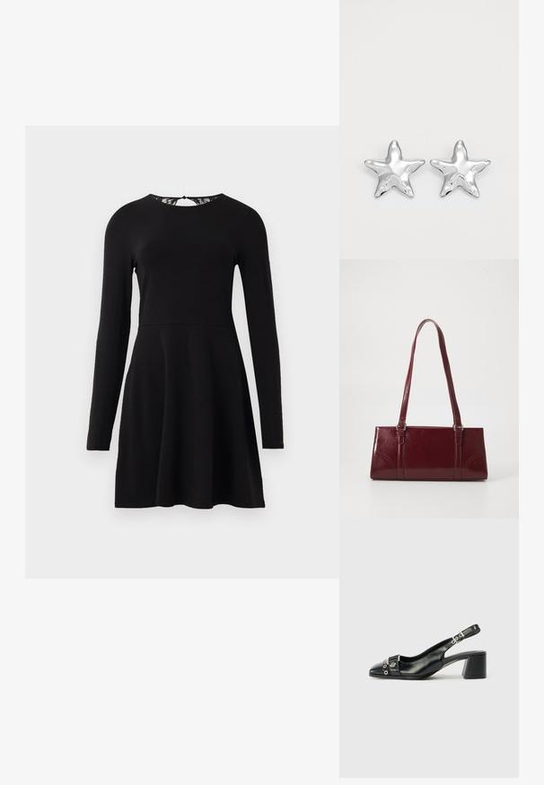 Schwarzes langärmliges Kleid mit weitem Rock und eng anliegendem Oberteil, mit einer Spitzenverzierung am Rückenausschnitt. Glatte Stoffoberfläche.; Schwarze Leder-Slingback-Pumps mit spitzem Vorderteil, strukturiertem Riemen mit runden metallischen Akzenten und gestapeltem Blockabsatz.; Burgunderfarbene Handtasche aus glänzendem Material, rechteckige Form, mit zwei Schulterriemen und subtilen, geschwungenen Akzenten an der Vorderseite.; Silberne sternförmige Ohrringe mit einer polierten, glänzenden Oberfläche. Jeder Ohrring hat fünf Spitzen und dezente Oberflächentexturdetails.