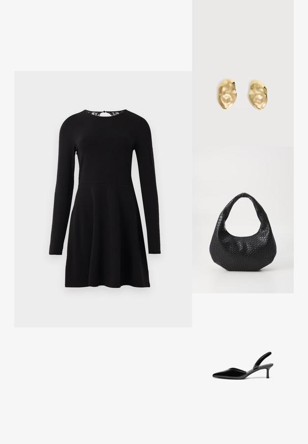 Mustat pitkät hihattomat mekko, jossa on istuva yläosa ja levenevä hame, taustalla pitsiyksityiskohta kaula-aukon alueella. Sujuva kankaan pinta.; Musta patentoitu nahka slingback-korkokengät, joissa on terävä kärki, matala stiletto-korko ja tyylikäs, yksinkertainen muotoilu ilman koristeita.; Mustan kudotun käsilaukun, jossa on kaareva kahva, teksturoitu pinta ja löysä muoto. Suora viimeistely, jolla on orgaaninen siluetti.; Pari kiiltäviä, epäsäännöllisen muotoisia kultaisia metallikorvakoruja, joissa on ryppyinen, sileä pinta yksinkertaisella vaalealla taustalla.