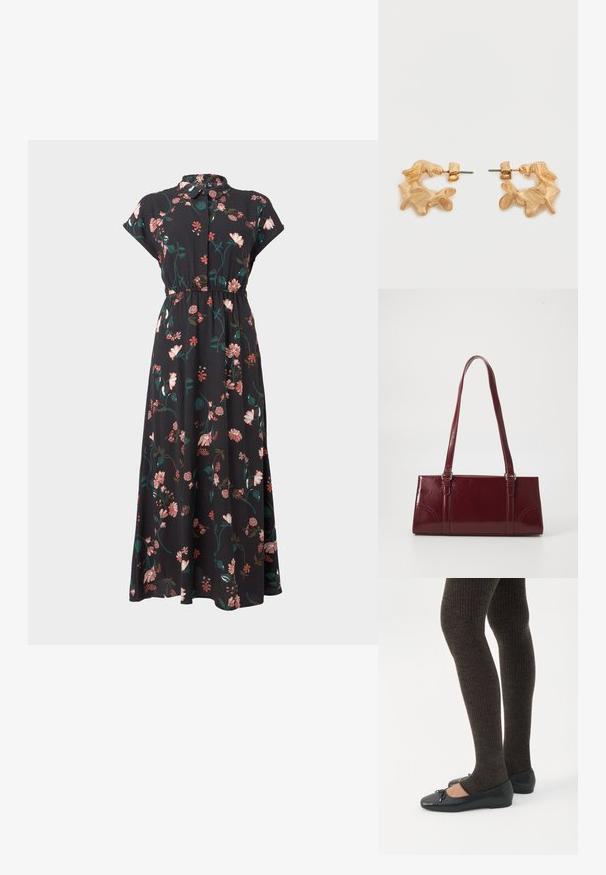 Zwarte bloemenjurk met korte capmouwen, knoopsluiting aan de voorkant, tailleverstelling en verschillende roze en groene bloemmotieven verspreid over de jurk.; Benen met donkere geribbelde leggings gecombineerd met zwarte ballerina's met kleine strikdetails op een witte achtergrond.; Bourgondische handtas van glanzend materiaal, rechthoekige vorm, met twee schouderbanden en subtiele gebogen accenten aan de voorkant.; Oorbellen in goudkleur met een abstracte, organische vorm, voorzien van een gestructureerd oppervlak en een sluiting met oorstekers.