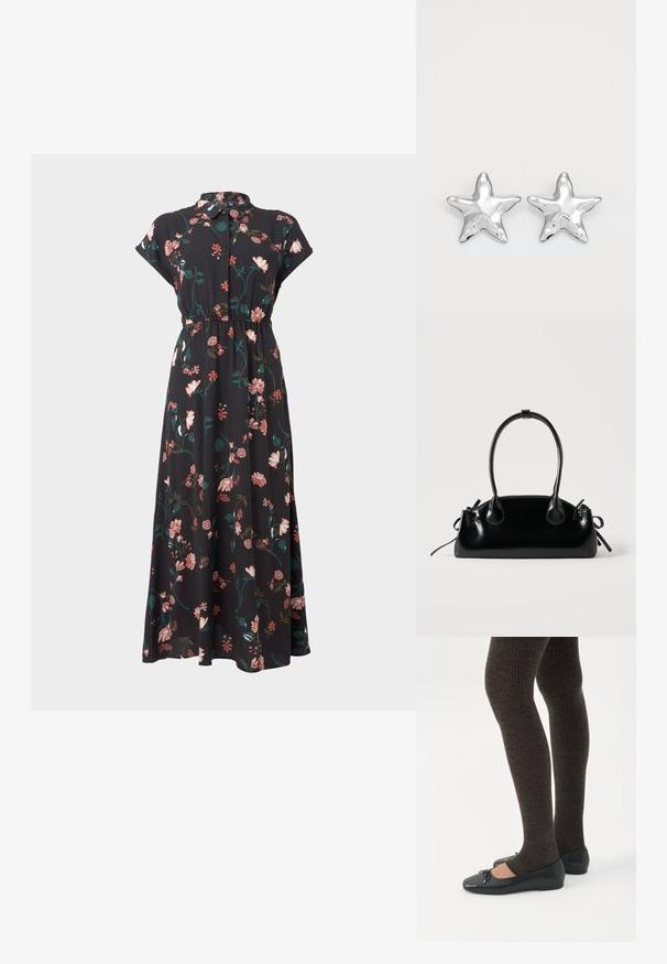 Zwarte bloemenjurk met korte capmouwen, knoopsluiting aan de voorkant, tailleverstelling en verschillende roze en groene bloemmotieven verspreid over de jurk.; Benen met donkere geribbelde leggings gecombineerd met zwarte ballerina's met kleine strikdetails op een witte achtergrond.; Kleine zwarte glanzende handtas met twee lange hengsels en zijkant trekkoord details op een effen lichte achtergrond.; Zilveren stervormige oorbellen met een gepolijste, glanzende afwerking. Elke oorbel heeft vijf punten en subtiele textuurdetails op het oppervlak.