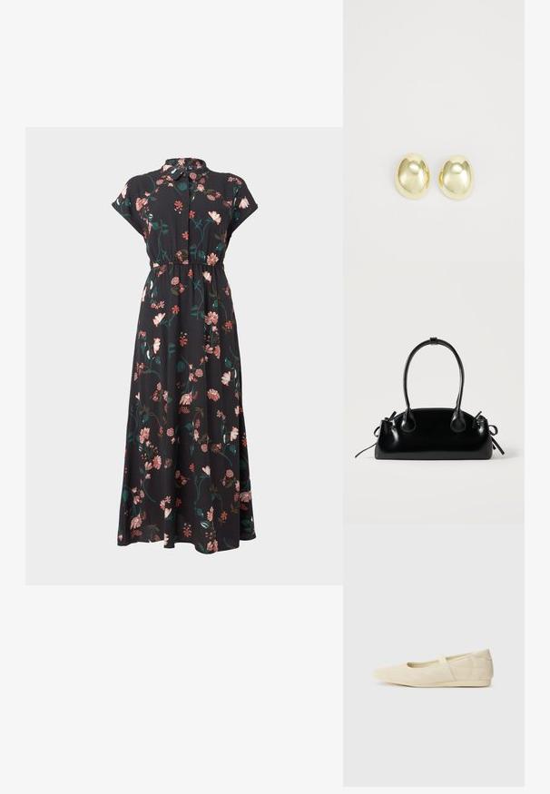 Schwarzes Blumenkleid mit kurzen Kap capa, durchgehendem Knopfverschluss, tailliertem Design und variierenden rosa und grünen Blumenmustern.; Beige Ballerinas aus glattem Leder mit mandelförmiger Zehenpartie und elastischem Riemen über dem Fußrücken, ausgestattet mit dezenten Nähtelementen.; Kleine schwarze glänzende Handtasche mit zwei langen Griffen und seitlichen Kordelzug-Details vor einfachem hellem Hintergrund.; Goldfarbene Metallstanzohrringe mit einer glatten, abgerundeten Form und polierter Oberfläche. Einfaches Design ohne zusätzliche Verzierungen.