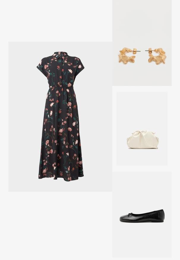 Robe noire à motifs floraux avec des manches courtes, un devant boutonné, une taille cintrée et des motifs floraux variés en rose et en vert.; Ballerine en cuir noir brillant avec petit talon et petit nœud décoratif sur l'avant, vue de côté sur fond clair uni.; Pochette en cuir souple couleur crème avec un design froncé et une fine bandoulière reposant à l’avant sur un fond uni.; Boucles d'oreilles dorées avec une forme abstraite et organique, présentant une surface texturée et une fermeture à poussette.