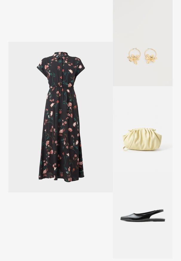 Robe noire à motifs floraux avec des manches courtes, un devant boutonné, une taille cintrée et des motifs floraux variés en rose et en vert.; Chaussure plate à bride arrière en cuir verni noir avec bout pointu et petit talon sur fond blanc.; Sac à main plissé jaune en simili cuir lisse, arborant une forme douce avec une bandoulière unique et un design froncé sur le dessus.; Boucles d'oreilles créoles en or avec de grandes breloques texturées en forme de fleur, présentées sur un fond blanc uni.