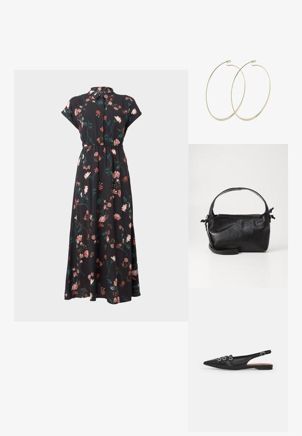 Musthave musta lilleline kleit lühikeste varrukatega, nööbid ees, rõhujoon taljes ja erinevad roosa ja rohelise lillemustrid üle kogu.; Must must nahk slingback tasase jala king, terav nina, millel on kaks horisontaalset rihma ja ruudukujulised hõbedased sanga, madal konts ja sile tekstuur.; Must mustrikujundusega must nahast käekott, ümarate pealmiste käepidemete ja eemaldatava õlalihaga. Omab siledat tekstuuri ja peent sära.; Pilgrim Kõrvarõngad - gold-coloured