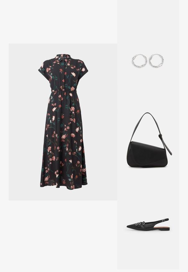 Schwarzes Blumenkleid mit kurzen Kap capa, durchgehendem Knopfverschluss, tailliertem Design und variierenden rosa und grünen Blumenmustern.; Schwarze Leder-Slingback-Ballerina mit spitzem Zeh, ausgestattet mit zwei horizontalen Riemen und quadratischen silbernen Schnallen, mit flachem Absatz und glatter Oberfläche.; Schwarze Lederhandtasche mit dreieckiger Form, schrägem Klappdeckel und rundem Oberhandgriff. Verfügt über eine glatte Textur und minimalistische Designdetails.; Silberne Creolen mit einer welligen, unregelmäßigen Textur. Besitzen eine dünne, kreisförmige Form und eine reflektierende Oberfläche.