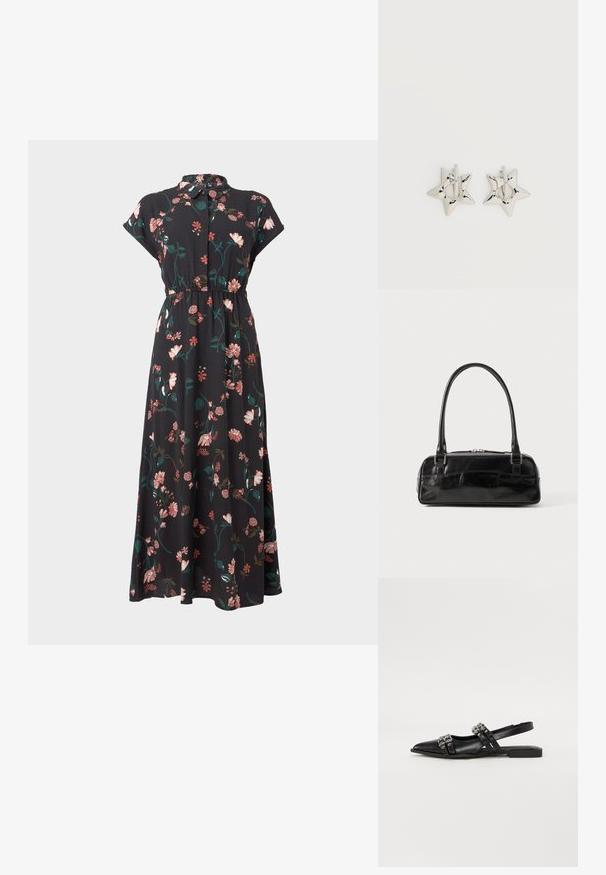 Musthave musta lilleline kleit lühikeste varrukatega, nööbid ees, rõhujoon taljes ja erinevad roosa ja rohelise lillemustrid üle kogu.; Even&Odd Kannarihmaga baleriinad - black; Must must beebkott, millel on ristkülikuline kuju, ühekordne tahke käepide, hõbedased detailid ja lukuga sulgemine. Sile tekstuur.; Hõbedast tähekujulised rõngaskõrvarõngad, millel on sile ja poleeritud viimistlus, tavalise valge taustaga.