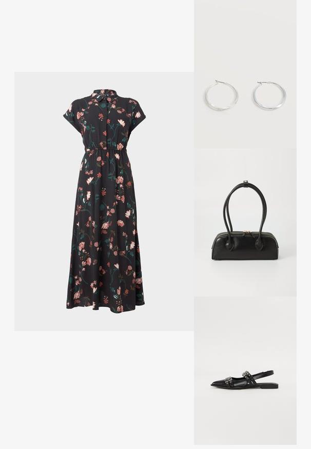 Schwarzes Blumenkleid mit kurzen Kap capa, durchgehendem Knopfverschluss, tailliertem Design und variierenden rosa und grünen Blumenmustern.; Even&Odd Sling-Ballerina - black; Schwarze Lederhandtasche mit zwei verlängerten Griffen, Reißverschluss und runder Form; glatte Textur mit subtiler glänzender Oberfläche.; Silberne Metallcreolen mit glatter, leicht gebogener Oberfläche und Klappverschluss vor schlicht weißem Hintergrund.