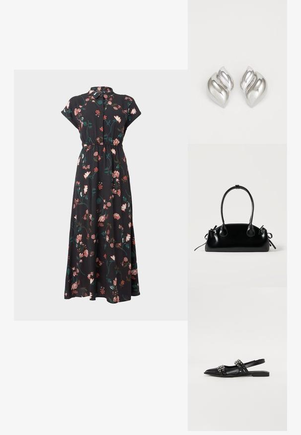 Schwarzes Blumenkleid mit kurzen Kap capa, durchgehendem Knopfverschluss, tailliertem Design und variierenden rosa und grünen Blumenmustern.; Even&Odd by Zalando Sling-Ballerina - black; Kleine schwarze glänzende Handtasche mit zwei langen Griffen und seitlichen Kordelzug-Details vor einfachem hellem Hintergrund.; Silberne Ohrringe mit einer organischen, abstrakten Form. Glatte, glänzende Oberfläche mit einem konischen Design. Mit dezenten Kurven und einem zentralen Linienelement.