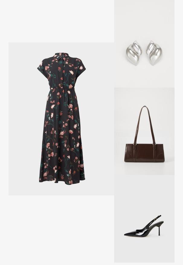 Schwarzes Blumenkleid mit kurzen Kap capa, durchgehendem Knopfverschluss, tailliertem Design und variierenden rosa und grünen Blumenmustern.; Schwarzer Lackleder Slingback-Pumps mit spitzem Zehenbereich und Stiletto-Absatz, dünnem Riemen und goldener Schnalle auf weißem Hintergrund.; Braune Lackleder-Handtasche in rechteckiger Form, mit zwei langen Griffen und subtilen, geschwungenen Akzenten auf der Vorderseite.; Silberne Ohrringe mit einer organischen, abstrakten Form. Glatte, glänzende Oberfläche mit einem konischen Design. Mit dezenten Kurven und einem zentralen Linienelement.