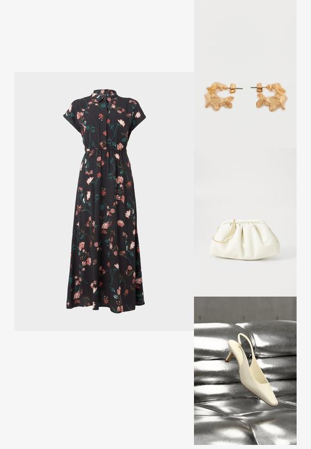 Musthave musta lilleline kleit lühikeste varrukatega, nööbid ees, rõhujoon taljes ja erinevad roosa ja rohelise lillemustrid üle kogu.; Kreemjas slingback-stiilis kassikandaga king ruudukujulise ninaosaga, mis toetub läikivale hõbedasele tuftitud nahkpinnale.; Valge nahast käsipadi, millel on kogutud disain, kuldne kett ja ümar kuju. Sile tekstuur pehmete voltidega ja ilma mustriteta.; Kullatoonist kõrvarõngad abstraktse, orgaanilise kujuga, millel on tekstureeritud pind ja tagakinnitus.