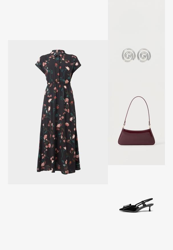 Sort blomsterkjole med korte capærmer, knaplukning foran, Taljeindsnævring og varierende pink og grønne blomster mønstre overalt.; Sorte patenterede læderslingbacks med spids tå, en sløjfedetalje foran og en lille stilettohæle. Remmene har justerbare spænder.; Mørk burgunderglans håndtaske med et enkelt tyndt håndtag og en elegant, trapezformet form på en ensartet lys baggrund.; Par sølvspiral øreringe med glat, afrundet design på en ensartet hvid baggrund.