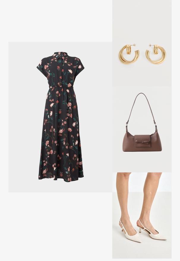 Zwarte bloemenjurk met korte capmouwen, knoopsluiting aan de voorkant, tailleverstelling en verschillende roze en groene bloemmotieven verspreid over de jurk.; Beige gepatineerde leren slingback hakken met een spitze neus en een hak van 5 cm, met uitsparingen aan de zijkanten en een dunne enkelband.; Bruine leren schoudertas met een voorvak met klep en een gestikte strikdetail en een verstelbare band.; Set glanzende gouden dubbele lus oorbellen met stekertjes op een witte achtergrond.