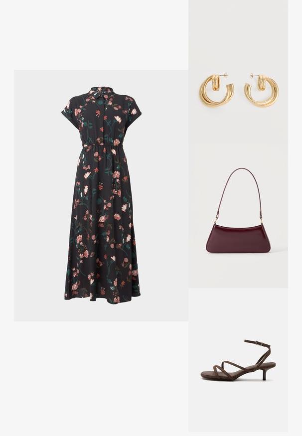 Schwarzes Blumenkleid mit kurzen Kap capa, durchgehendem Knopfverschluss, tailliertem Design und variierenden rosa und grünen Blumenmustern.; Braune Sandale mit hohem Absatz, dünnen gekreuzten Riemen und einem Knöchelriemen mit silberner Schnalle vor weißem Hintergrund.; Dunkelburgunderfarbene, glänzende Handtasche mit einem einzigen dünnen Griff und einer schlanken, trapezförmigen Form auf einem schlichten hellen Hintergrund.; Paar glänzende goldene Doppel-Loop-Creolen mit Steckverschlüssen vor weißem Hintergrund.