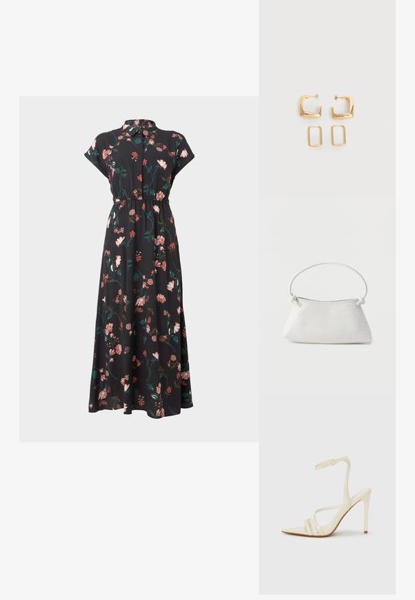 Zwarte bloemenjurk met korte capmouwen, knoopsluiting aan de voorkant, tailleverstelling en verschillende roze en groene bloemmotieven verspreid over de jurk.; Beige sandalen met hoge hak en een puntige neus, voorzien van drie voorste bandjes en een dunne enkelband met een gesp. Gladde textuur, minimalistisch ontwerp.; Witte handtas van gevlochten leer met een afgeronde handgreep en uiteinden van de band die geknoopt zijn, afgebeeld tegen een effen achtergrond.; Twee paar gouden geometrische creolen op een effen witte ondergrond, een paar vierkant en massief, een paar rechthoekig en hol.