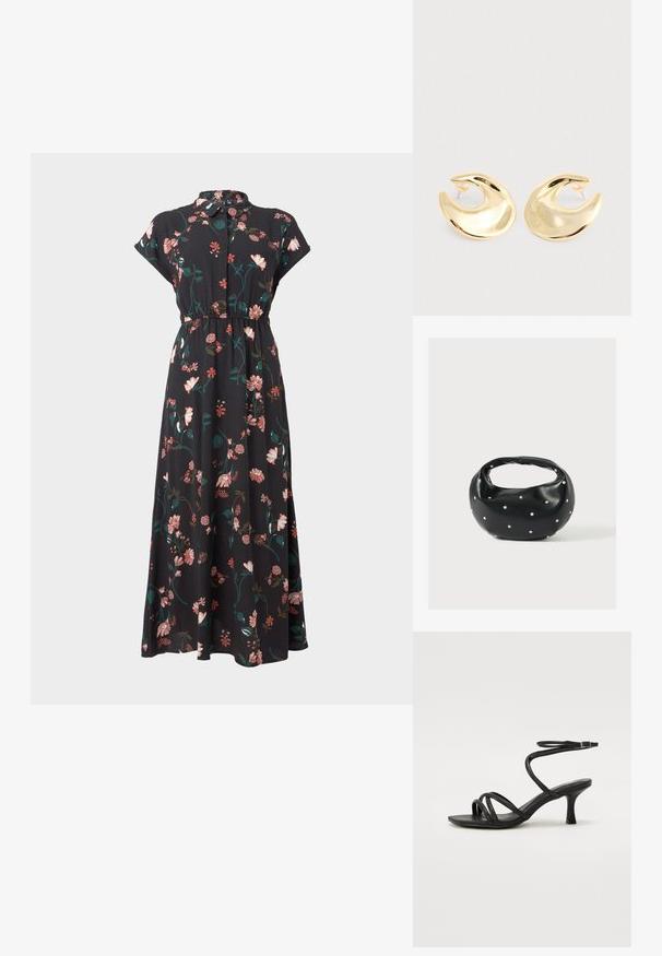 Zwarte bloemenjurk met korte capmouwen, knoopsluiting aan de voorkant, tailleverstelling en verschillende roze en groene bloemmotieven verspreid over de jurk.; Even&Odd Wide Fit by Zalando Sandalen - black; Zwarte leren handtas met een afgeronde vorm, versierd met zilveren studs, en een korte handgreep. Gladde textuur en ritsluiting.; Een paar glanzende gouden halvemaanvormige studs met transparante plastic achterkanten op een lichtgrijze ondergrond.
