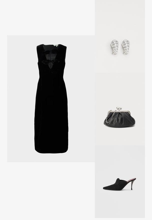 Robe en velours noir à design sans manches, dotée d'un col rond et de trois accents en forme de nœud texturé à l'avant. Dos zippé.; Mule noir à talon haut avec bout pointu, tissu doux à texture froncée sur le devant et talon aiguille fin.; Porte-monnaie en cuir noir avec texture froncée, cadre en métal argenté, fermeture à verrouillage kiss-lock et bandoulière en chaîne. Surface lisse et douce.; Boucles d'oreilles en clip argentées avec un design en spirale, présentant une texture métallique lisse et des formes arrondies. Pas d'embellissements ou de motifs visibles.